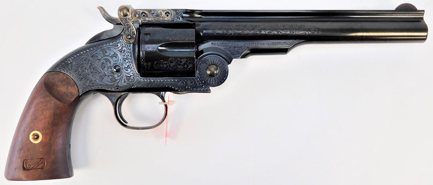 Taylors & Company 550643 Top Break Schofield 45 Colt (LC) Caliber with 7" Barrel, 6rd Capacity Cylinder, Overall Blued Engraved Finish Steel & Walnut Grip