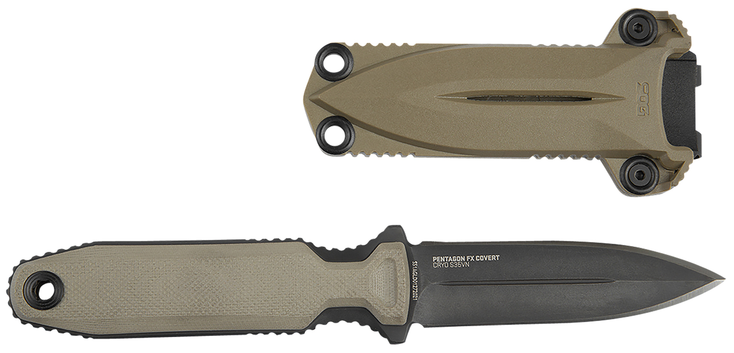 S.O.G SOG17610457 Pentagon FX Covert 3.41" Fixed Spear Point Plain Black Titanium Nitride Cryo CPM S35VN Blade/G10 Flat Dark Earth Handle