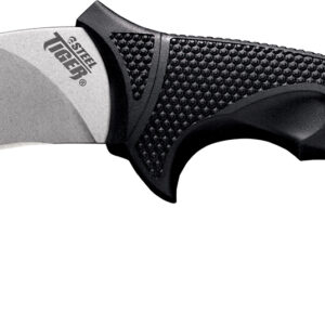 Cold Steel CS49KST Steel Tiger 4.75" Fixed Plain Stone Washed Japanese AUS-8A SS Blade/Black w/Thumb Shelf & Finger Ring Griv-Ex w/Overmold Kray-Ex Handle