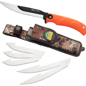Outdoor Edge RMB20C RazorMax 6 Blades, 3.50" Drop Point/5" Boning Fillet Folding Plain Satin/Black Oxide 420J2 SS Blades, Blaze Orange Textured TPR Handle