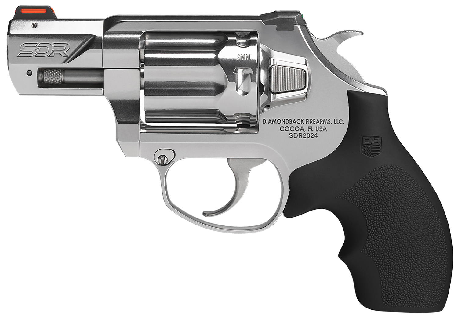 Diamondback DB0700P701 SDR Small 9mm Luger +P 6 Shot 2" Polished Stainless Steel Barrel & Frame, Stainless Steel Cylinder, Black Hogue Rubber Grip, Exposed Hammer