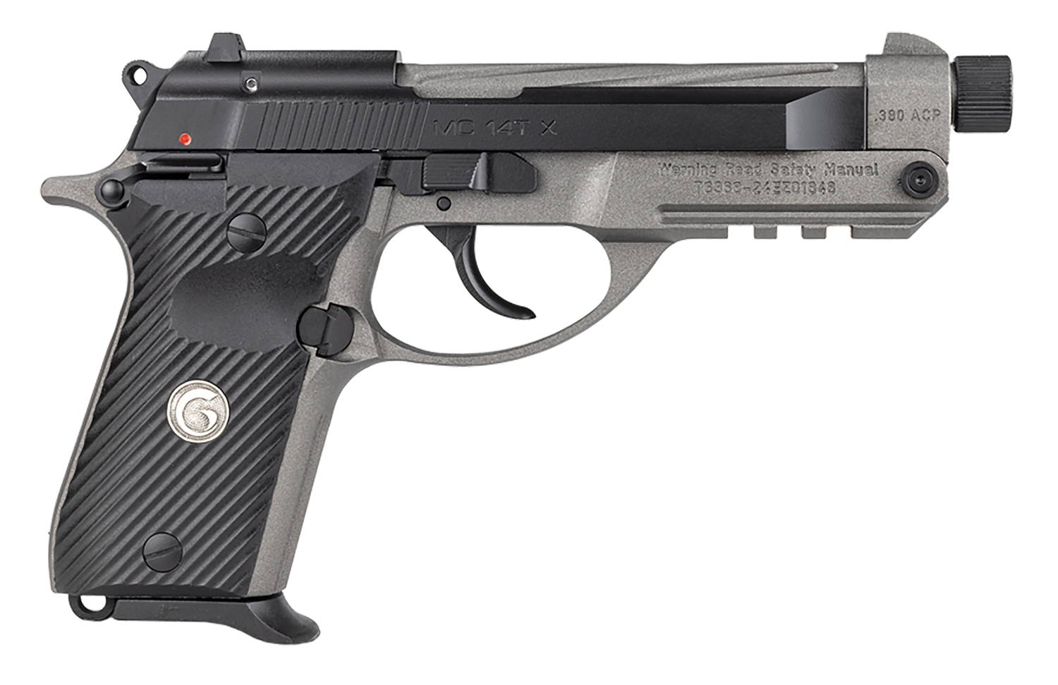 Girsan 390890 MC 14TX 380 ACP 13+1 4.90" Tungsten Cerakote Spiral Fluted Threaded Tip-Up Barrel, Matte Black Serrated Steel Slide, Tungsten Cerakote Aluminum Frame w/Picatinny Rail, Black G10 Grip