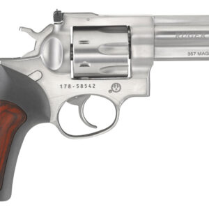 Ruger 1771 GP100 357 Mag 7 Shot, 4.20" Satin Stainless Steel Barrel, Satin Stainless Cylinder, Satin Stainless Steel Frame, Black Rubber w/Wood Insert Grip, Exposed Hammer