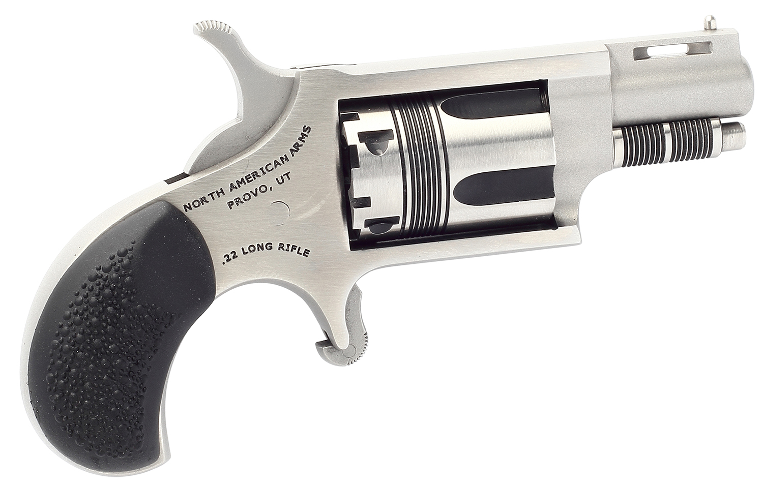 North American Arms 22LRTW Wasp 22 LR 5rd rd 1.13" Stainless Vent Rib Steel Barrel, Matte Stainless Steel Frame, Stainless Cylinder, Exclusive Black Pebbled Rubber Grips
