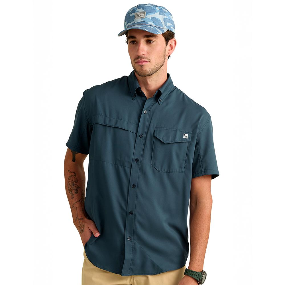 Huk Tide Point Short Sleeve Button Down Shirt Sea Storm 2XL
