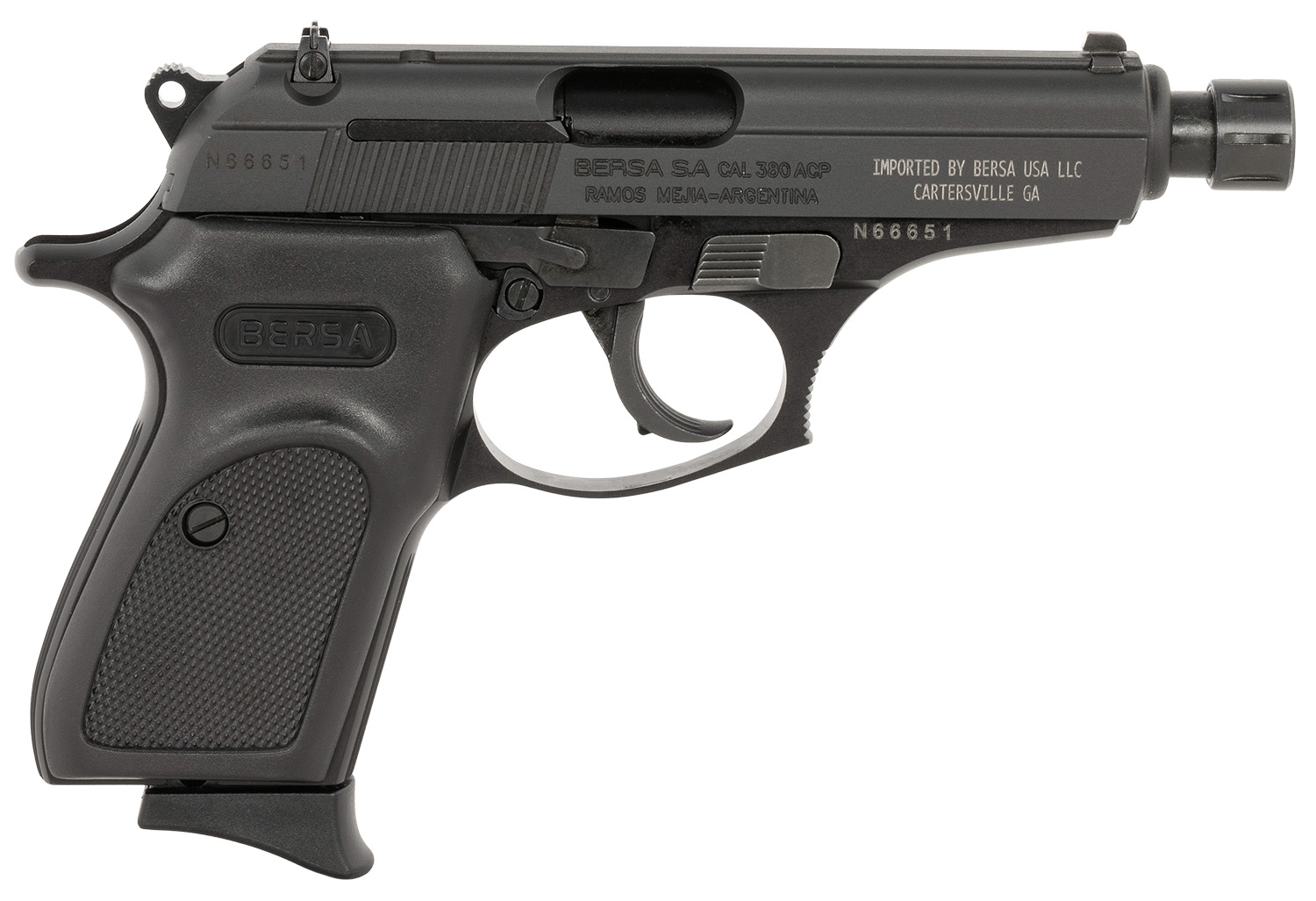 Bersa T380M8X Thunder Micro-Compact Frame 380 ACP 8+1 3.50" Black Steel Threaded Barrel, Matte Black Steel Serrated Slide, Matte Black Aluminum Frame, Black Rubber Grip, Right Hand